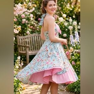 Pin up girl floral spring A line sleeveless stretch Dress Women's Size Medium